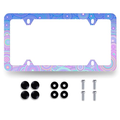 Abstract Psychedelic Circle Lines License Plate Frame Colorful License Plate Holder Stainless Steel Car Accessory Funny License Plate Men Women Decoration Size 12.2"x6.2" with Screws - color: Abstract Psychedelic Circles