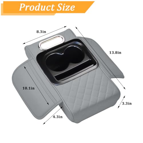 Car Center Console Armrest Box Mat, Nappa Leather Armrest Box Cover with Tissue Box, Cup Holder & Phone Holder, Middle Console Arm Rest Protection Pillow, Universal for Vehicles (Gray) - color: Gray