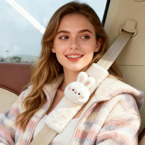 2 PCS Seat Belt Cover Pad, Cute Kawaii Animal Bunny Seatbelt Covers for Kids and Adults, Winter Plush Fluffy Soft Seat Belt Cover, Cartoon Seatbelt Cushion,Car Seat Strap Pads (F-Bunny) - color: F-Bunny