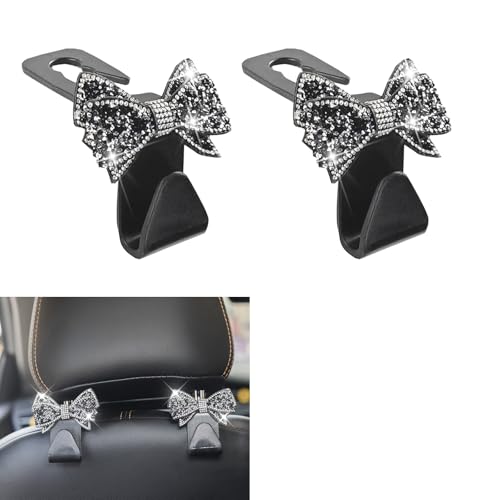 2 PCS Bling Car Seat Headrest Hooks, S-Type Crystal Rhinestone Bow, Universal Seat Back Storage for Purses Bags Groceries, Black Decorative Vehicle Organizer