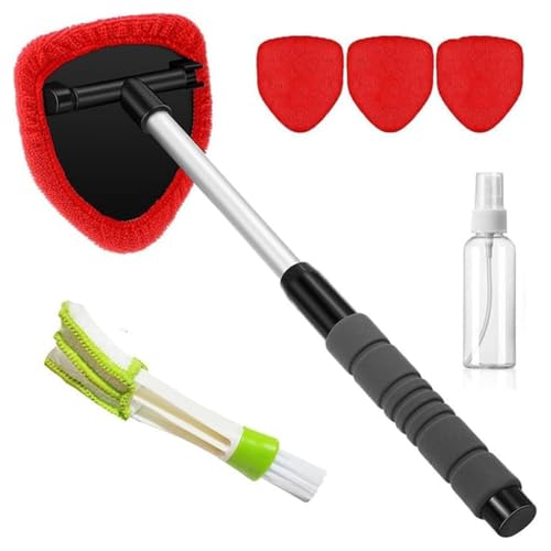 SakerPlus Telescopic Microfiber Glass Car Defroster Brush, 180° Rotating Head and Retractable Handle Multi-Surface Cleaner for Windows, Mirrors, Tiles (Red) - color: Red