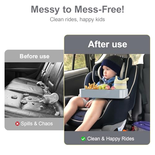 Car Seat Snack Tray for Toddlers - 3 Inch Cup Holder Fits Most Sippy Cups & Straw Bottles with Dip Well, Mess-Free Square Kids Travel Tray Road Trip Essentials, Grey - color: Grey