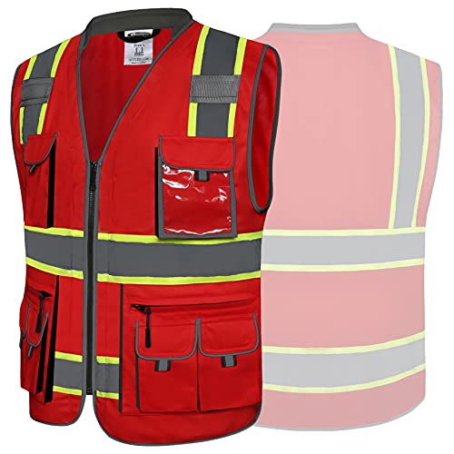 JKSafety 10 Pockets Hi-Vis Zipper Front Fluorescent Red Safety Vest | Cushioned Collar | High Reflective Tapes with Extended Neon Yellow Strips | Meets ANSI/ISEA Standards (Medium, 89-Red) - color: Redt1s1, size: Medium