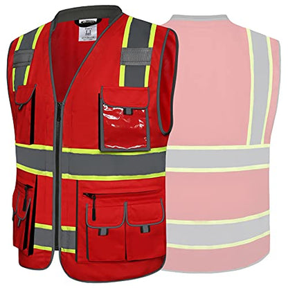JKSafety 10 Pockets Hi-Vis Zipper Front Fluorescent Red Safety Vest | Cushioned Collar | High Reflective Tapes with Extended Neon Yellow Strips | Meets ANSI/ISEA Standards (Medium, 89-Red) - color: Redt1s1, size: Medium
