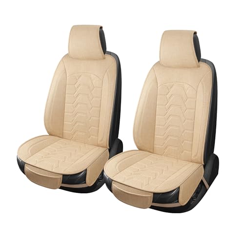 Linen Car Seat Covers Breathable Cloth Fabric Front Seat Protectors Automotive seat Covers Universal Fit for Most Cars Vans SUVs and Trucks（Beige，2PCS） - color: BEIGE