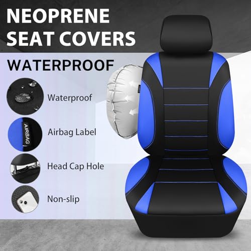 CAR PASS Neoprene Wetsuit Seat Covers, Waterproof Car Seat Covers Full Sets with 5mm Composite EVA, Universal Fit for Car Sedan, SUV Trucks Anti Slip with Airbag Compatible(Black Blue - color: Blue full sets