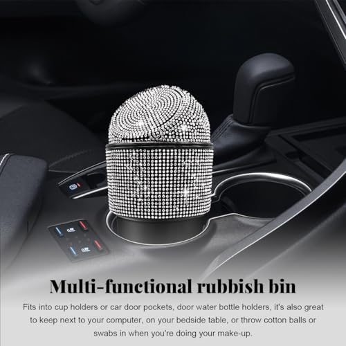 Yourkar Bling Car Trash Can with Lid, Sparkling Crystal Auto Garbage Can with Leak-Proof Lid, Multipurpose Waterproof Trash Bin for Automotive Home Office Kitchen Bedroom (White) - color: White