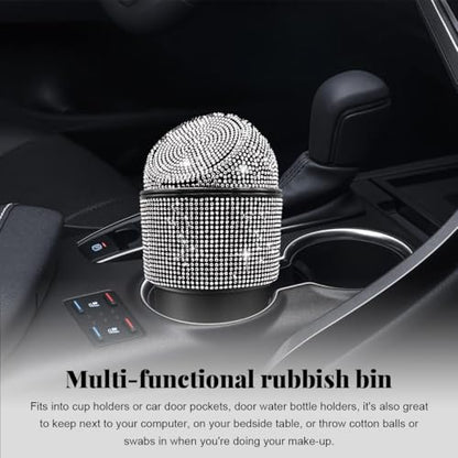 Yourkar Bling Car Trash Can with Lid, Sparkling Crystal Auto Garbage Can with Leak-Proof Lid, Multipurpose Waterproof Trash Bin for Automotive Home Office Kitchen Bedroom (White) - color: White