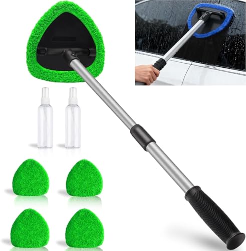Longer Extendable Windshield Cleaning Tool,Car Window Cleaner Windshield Cleaner and Washable Microfiber Pads with 4 Reusable and 2 pcs Spray Bottles for Car and Home Window (Green) - color: Green