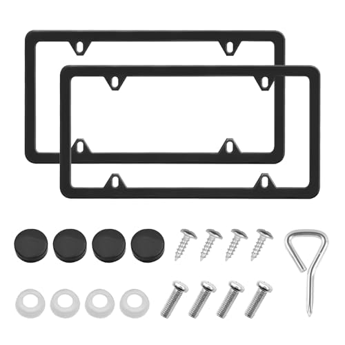 Automotive Universal 2 Pack License Plate Frames Stainless Steel License Plate Holder Covers with Screws Caps Washers Universal 4 Hole Compatible with Car Truck Exterior Accessories, Black - color: Black