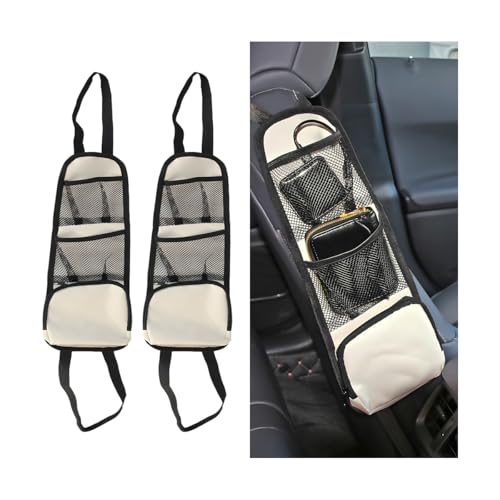 Car Seat Side Organizer, 2PCS Multi-Pocket Vehicle Front Seat Storage Hanging Bag with Mesh Net Pocket, Multifunctional Automotive Stuff Holder, Universal for SUV RV Truck (White) - color: White