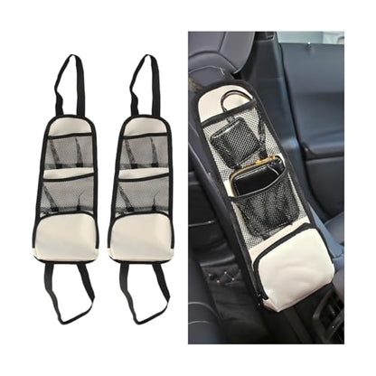 Car Seat Side Organizer, 2PCS Multi-Pocket Vehicle Front Seat Storage Hanging Bag with Mesh Net Pocket, Multifunctional Automotive Stuff Holder, Universal for SUV RV Truck (White) - color: White