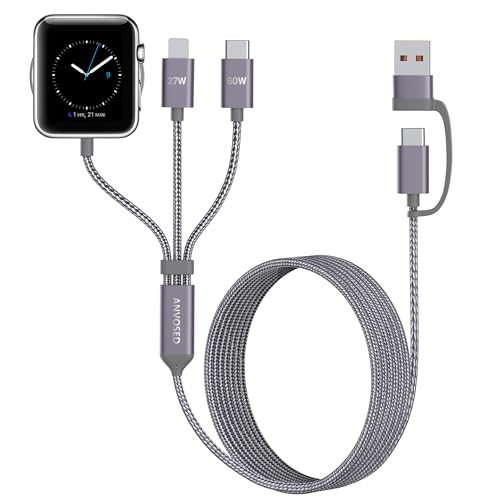 60W Fast Charging Cable for Apple Watch Charger, 6-in-1 Portable Multi Charging Cable for Apple Watch Series 1–11/SE/Ultra (Grey, 120) - color: Grey