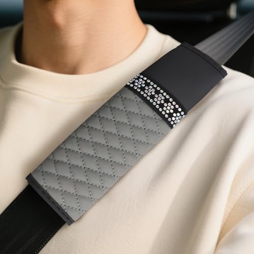 wuyaoyao 2PCS Bling Car Seat Belt Cover Pad, Breathable Leather Seatbelt Covers for Cars, Soft Comfortable Seatbelt Shoulder Strap Covers, Rhinestone Auto Seat Belt Protector Cushion (Gray) - color: Gray
