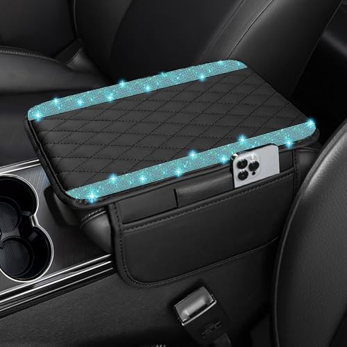 NBTEPEM Bling Car Center Console Cover, Leather Car Arm Rest Cover Cushion with 2 Storage Bags, Universal Auto Armrest Protector Storage Box, Bling Accessories Interior for Most Vehicles (Aquamarine) - color: Aquamarine Diamond