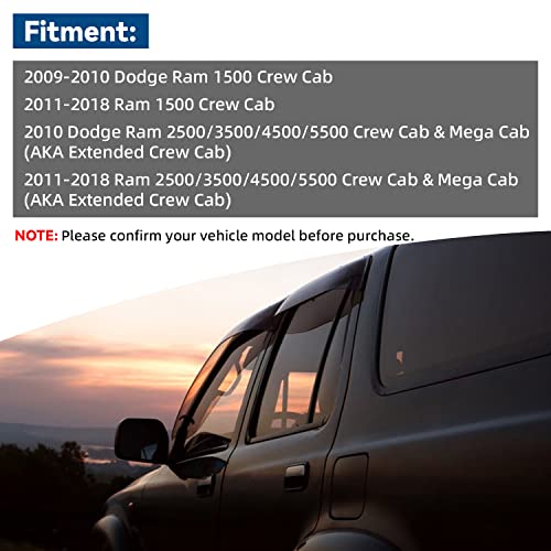 Set of 4 Window Visors Compatible with Ram 2009-2018 1500 2010-2018 2500/3500/4500/5500 Crew & Mega Cab with 4 Full Size DoorFront+Rear Smoke Sun/Rain Guard Outside Mount Tape-On Acrylic - size: for 2009-2018 Dodge Ram 1500 Crew Cab