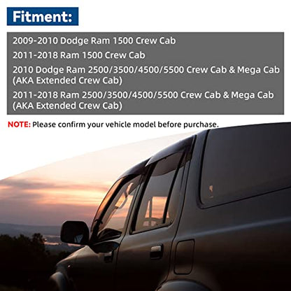 Set of 4 Window Visors Compatible with Ram 2009-2018 1500 2010-2018 2500/3500/4500/5500 Crew & Mega Cab with 4 Full Size DoorFront+Rear Smoke Sun/Rain Guard Outside Mount Tape-On Acrylic - size: for 2009-2018 Dodge Ram 1500 Crew Cab