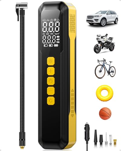 Tire Inflator Portable Air Compressor, 150PSI Air Pump for Car Tires with LED Light, Cordless Tire Pump with Digital Pressure Gauge, Tire Inflator for Car, Bike, Motorcycle, Ball (Yellow-length) - color: Yellow-length