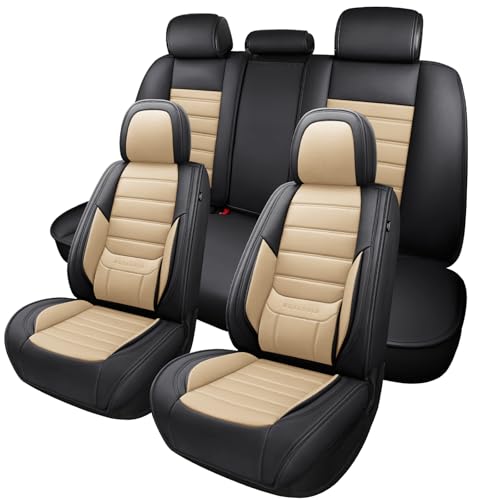 MINGBRON Car Seat Covers Full Set, Brown Car Seat Cover Lumbar Support, Car Seat Protector Waterproof, Nappa Leather Car Seat Cushion, Front Seats and Back Fit for Most Cars Beige - color: Beige 2, size: Full Set