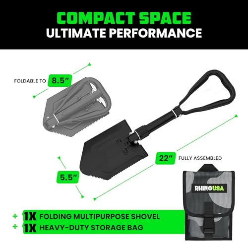 RHINO USA Folding Survival Shovel w/Pick - Heavy Duty Carbon Steel Military Style Entrenching Tool for Off Road, Camping, Gardening, Beach, Digging Dirt, Sand, Mud & Snow. - size: Military 22" E-tool