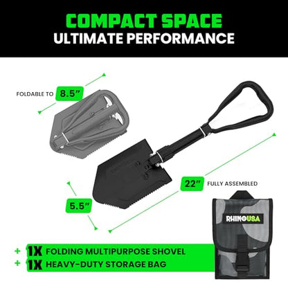 RHINO USA Folding Survival Shovel w/Pick - Heavy Duty Carbon Steel Military Style Entrenching Tool for Off Road, Camping, Gardening, Beach, Digging Dirt, Sand, Mud & Snow. - size: Military 22" E-tool