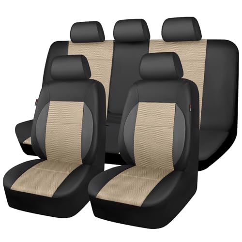 CAR PASS Leather Seat Covers Breathable Air Mesh Car Seat Cover Full Set Super 5mm Sponge Inside, Airbag Compatible, Universal Automotive Interior Cover Fit for Car SUV Truck Van Black Beige - color: Black Beige, size: All Seats
