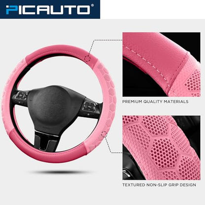 PIC AUTO Massage Steering Wheel Cover, Pink Football Pattern Material Spliced & Hotpink Leather Car Steering Wheel Cover, Car Steering Cover, Universal Fit 14.5"-15.5" for Cars, Trucks, Van, SUVs - color: Hotpink
