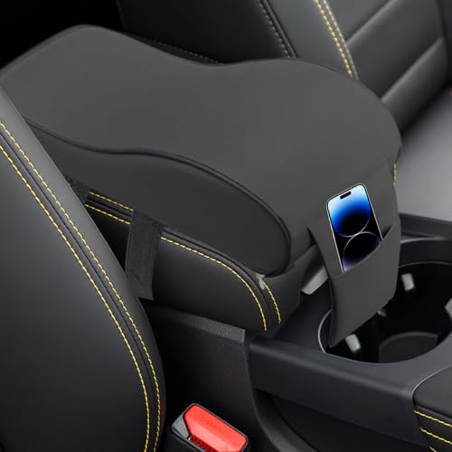 Car Armrest Cushion, Memory Foam Car Center Console Pillow Cushion with Phone Holder Storage Bag, Leather Arm Rest Pillow Cover, Universal Car Armrest Pad Accessories (Black) - color: Black