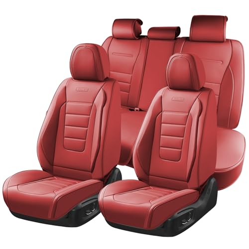 Coverado Car Seat Covers Full Set, Nappa Leather Seat Covers for Cars, Car Seat Protector Car Seat Cushion, Front and Back Seat Protectors Cushions Universal Fit for Most Cars Vehicles(Red) - color: Red, size: FullSet