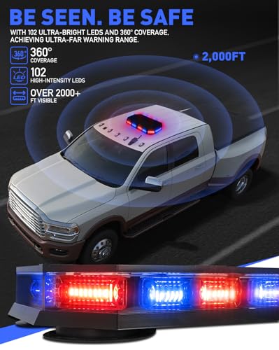 HLauto 406D Rooftop Emergency Strobe Lights Bar, 102 LED Red Blue Mini Beacon Safety Flashing Warning Traffic Lights Bar w/Magnetic Base for 12-24V Trucks, Construction Vehicles, Snowplow, Cars - color: Red/Blue