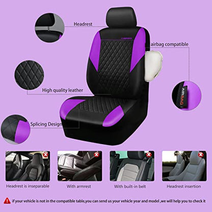 CAR PASS Purple Leather Seat Covers, Quilting Pretty Car Seat Cover with 5mm Composite Sponge Inside,Airbag Compatible,Universal Fit for Most Sedan SUV Van Truck (Full Set,Purple) - color: Black and Purple, size: Full Set (Front and Rear)