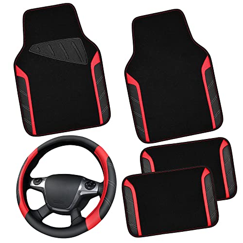 CAR PASS Leather Steering Wheel Cover and Waterproof Car Floor Mats,Microfiber Universal Car Combo Fit for 95% Sedan,SUV,Cars,14.5-15inch Sporty Anti-Slip Safety Comfortable Design(Black＆Red) - color: Black And Red