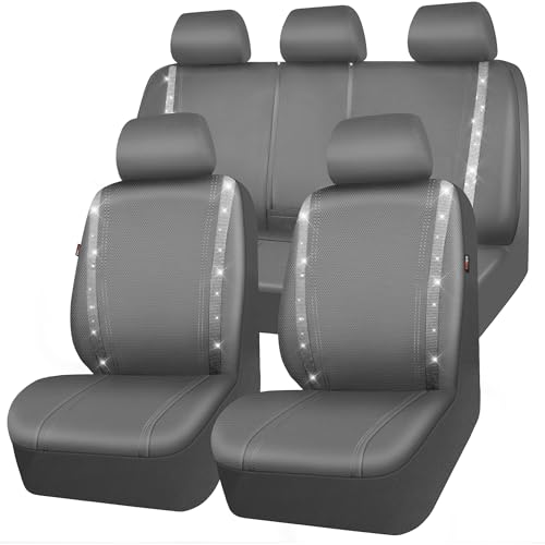CAR PASS Bling Car Seat Covers Full Set, Shining Glitter Rhinestone Diamond Waterproof Faux Leather Interior Sets Universal Fit Automotive Glitter Crystal Sparkle Strips for Cute Women Girl, Gray - color: Gray, size: Full Set