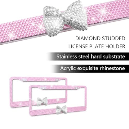 Bling Car License Plate Frame for Women, 2PCS Crystal Rhinestone Stainless Steel Vehicle Plate Holder, Glitter Diamond Sparkly Auto Plate Cover Accessories, Universal Fit (Pink/White Bow) - color: Pink/White Bow