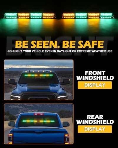 HLauto 604N Emergency Dash Strobe Lights: 2x16.8 inch Green Amber Security Light w/Take Down, 48 LED Safety Flashing Warning Hazard Interior Windshield Light Bar for Trucks Vehicles - color: #03 Amber / Green