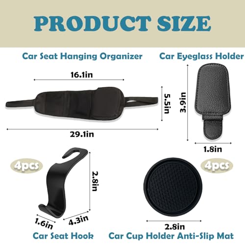 Car Organizer Kit,1PC CarSeat Storage Hanging Bag,Multi-Pocket Organizer,1PC Sunglasses Magnetic Holders for Car Visor,4PCS CarBack Seat Headrest Hooks,4PCS 2.76''Cup Holder Coasters