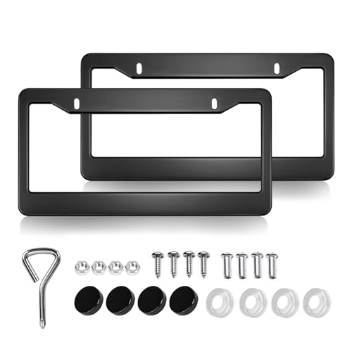 Black Matte License Plate Frames, 2 Pack Widened Aluminum License Plate Cover with Screw Caps, Universal Car for Front and Rear Car Tags