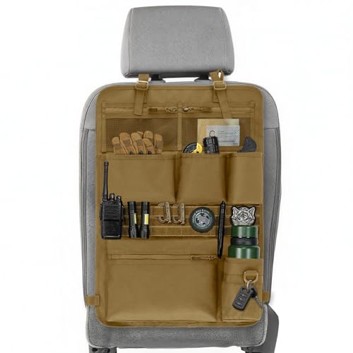 Tactical Car Seat Organizer with Multiple Pockets, MOLLE Panel System & Mesh Compartments, Durable Nylon Universal Vehicle Seat Back Storage with Cup Holder, Water-Resistant (Mud) - color: Mud Color