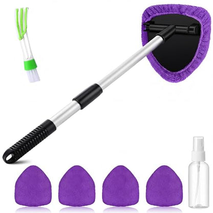 FoldTier 8 Pcs Car Windshield Cleaner Kits with Extendable Handle, 5 Microfiber Towel Pads, 1 Brush, 1 Empty Spray Bottle for Auto Glass Wiper Suvs Rvs & Home Windows(Purple) - color: Purple