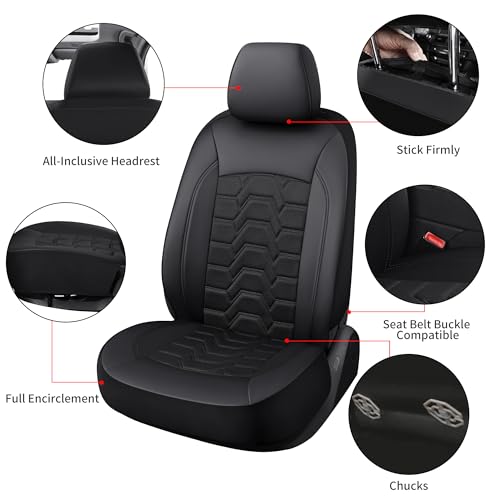 Memory Foam Leather Car Seat Covers, Breathable Air Cool Mesh Front Seat Protectors, Airbag Compatible Automative Comfortable Accessories, Universal Fit for Most Cars SUVs Trucks, Black, 4pcs.