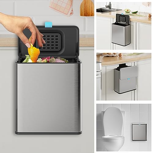 Stainless Steel Hanging Trash Can with Lid and Inner Bucket, 2 Gallon Kitchen Compost Bin for Counter Top, Under Sink or Wall Mount, Small Garbage Can for Cupboard/Bathroom/Bedroom/RV - color: Brushed Stainless Steel, size: 2 Gallon