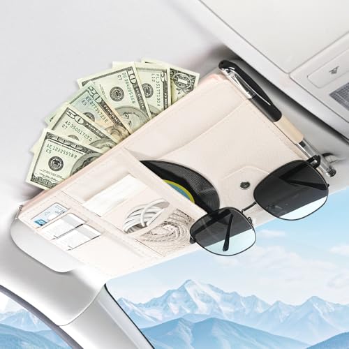 Amiss Car Sun Visor Organizer with Double Zippers, Multi-Pockets for Glasses, Pens, Cards & Documents, Universal Storage Pouch Fits Most Cars, SUVs and Trucks, Car Interior Accessories (Beige) - color: Beige
