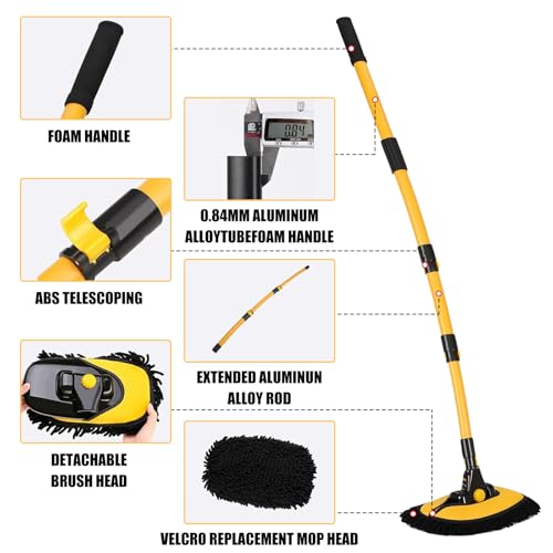 Car Wash Brush with Long Handle, 55 inch Car Wash Mop Car Wash Kit Mitt Retractable Bent Pole Car Wash Brush for Cars RV Truck Boat