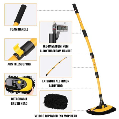 Car Wash Brush with Long Handle, 55 inch Car Wash Mop Car Wash Kit Mitt Retractable Bent Pole Car Wash Brush for Cars RV Truck Boat
