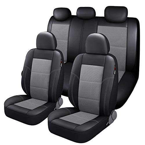 P&J AUTO Leather and Mesh Car Seat Cover Full Set in 9pcs Universal Fit for Cars Trucks Vans & SUVs Airbag Compatible (Grey) - color: Gray