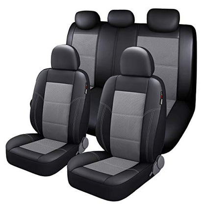 P&J AUTO Leather and Mesh Car Seat Cover Full Set in 9pcs Universal Fit for Cars Trucks Vans & SUVs Airbag Compatible (Grey) - color: Gray