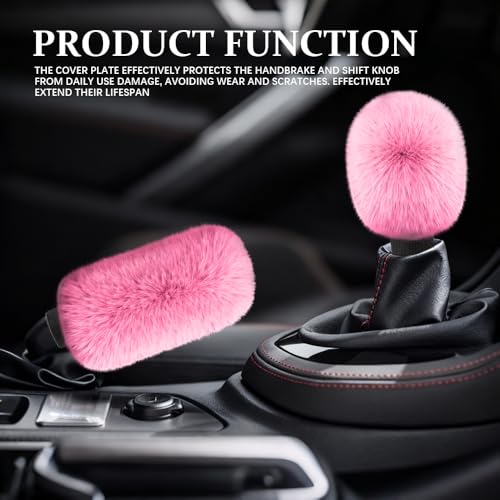 2PCS Plush Car Gear Shift Knob Cover & Handbrake Cover, Shift Knob Protector, Soft Fluffy Gear Handbrake Protective Sleeves, Shifter Lever Brake Handle Warm Plush Set for Cars (Pink) - color: Pink
