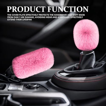 2PCS Plush Car Gear Shift Knob Cover & Handbrake Cover, Shift Knob Protector, Soft Fluffy Gear Handbrake Protective Sleeves, Shifter Lever Brake Handle Warm Plush Set for Cars (Pink) - color: Pink