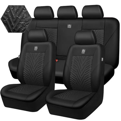 CAR PASS Faux Leather Car Seat Covers, 3D Tyre Embossed Waterproof Universal Fit 5 Seat Covers for SUV, Automotive Truck, Scratch Proof, Airbag Compatible (Deluxe Full Set, All Black) - color: All Black
