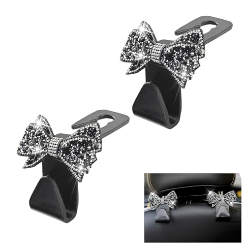 2 PCS Bling Bow Car Headrest Hook, S Type PVC Seat Back Hanger for Purses Bags Grocery, Sparkling Rhinestone Car Seat Hook Storage Decor, Universal for Most Vehicles (Black) - color: Black